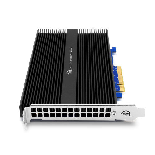 OWC Accelsior 4M2 High-PerFormance PCIe Adapter Card with M.2 NVMe SSD installed OWC Accelsior 4M2 High-PerFormance PCIe Adapter Card with M.2 NVMe SSD installed
